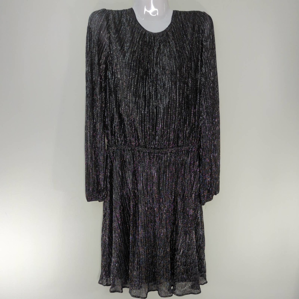 White House Black Market Blouson Dress Silver Shimmer Black S NWT